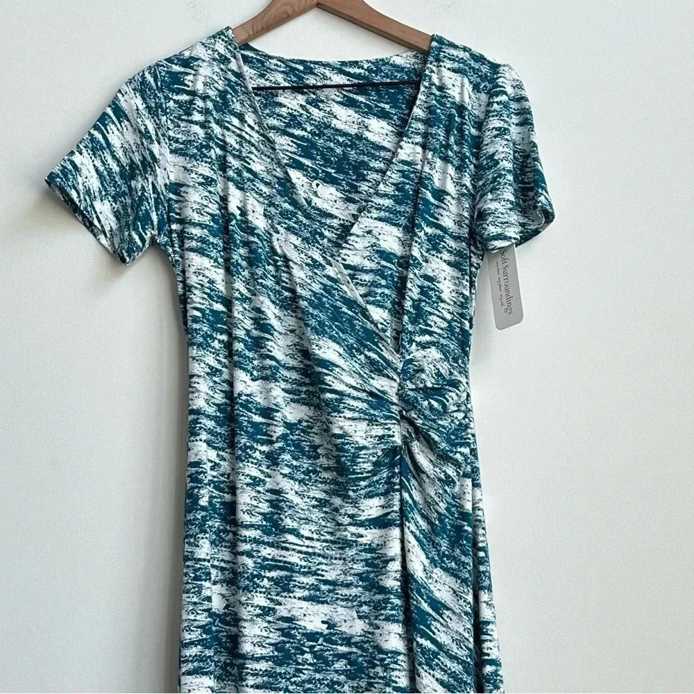 New Soft Surroundings Joanna Faux Wrap Jersey Maxi Dress Teal Cream Abstract - Picture 5 of 15